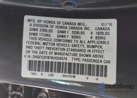 2019 Honda Civic Sport из США, поврежденный, VIN 2HGFC2F87KH534574